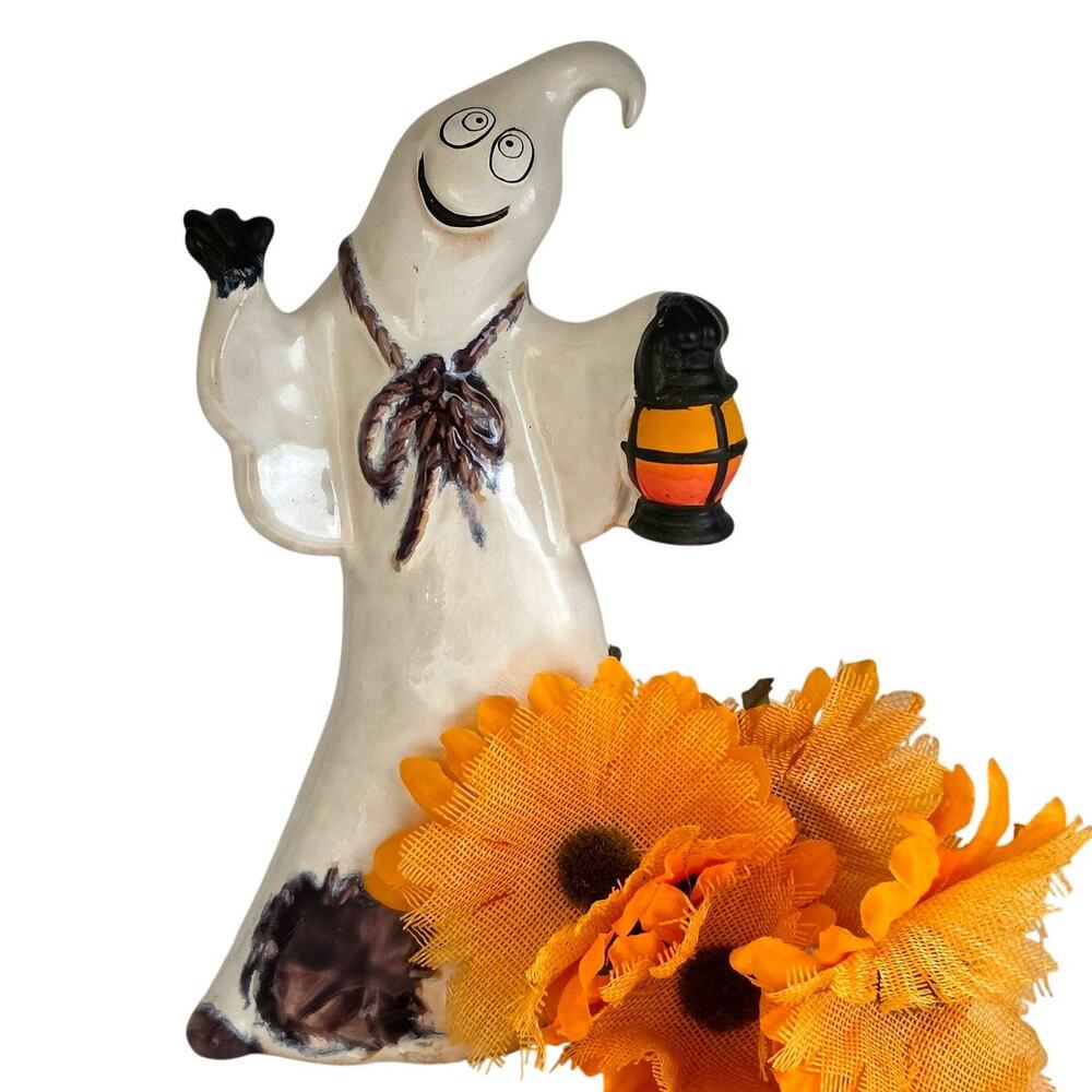 Vintage Ceramic Ghost Figurine Holding Lantern Hand Painted Halloween Decor